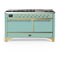 ILVE Majestic III 60-inch Dual Fuel Range with 7 Natural Gas Burner, Griddle and Solid Door Electric Oven in Mediterranean Mint with Brass Trim (UM60FQNR3MMG)