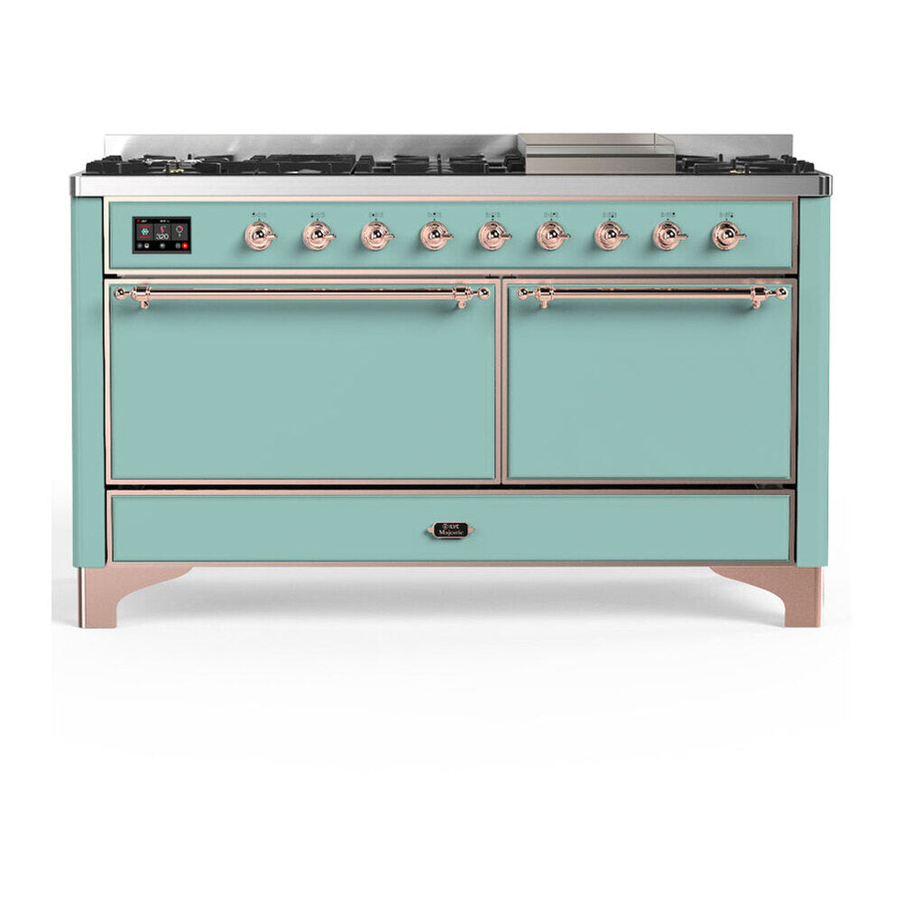 ILVE Majestic III 60-inch Dual Fuel Range with 7 Natural Gas Burner, Griddle and Solid Door Electric Oven in Mediterranean Mint with Copper Trim (UM60FQNR3MMP)