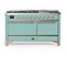 ILVE Majestic III 60-inch Dual Fuel Range with 7 Natural Gas Burner, Griddle and Solid Door Electric Oven in Mediterranean Mint with Copper Trim (UM60FQNR3MMP)