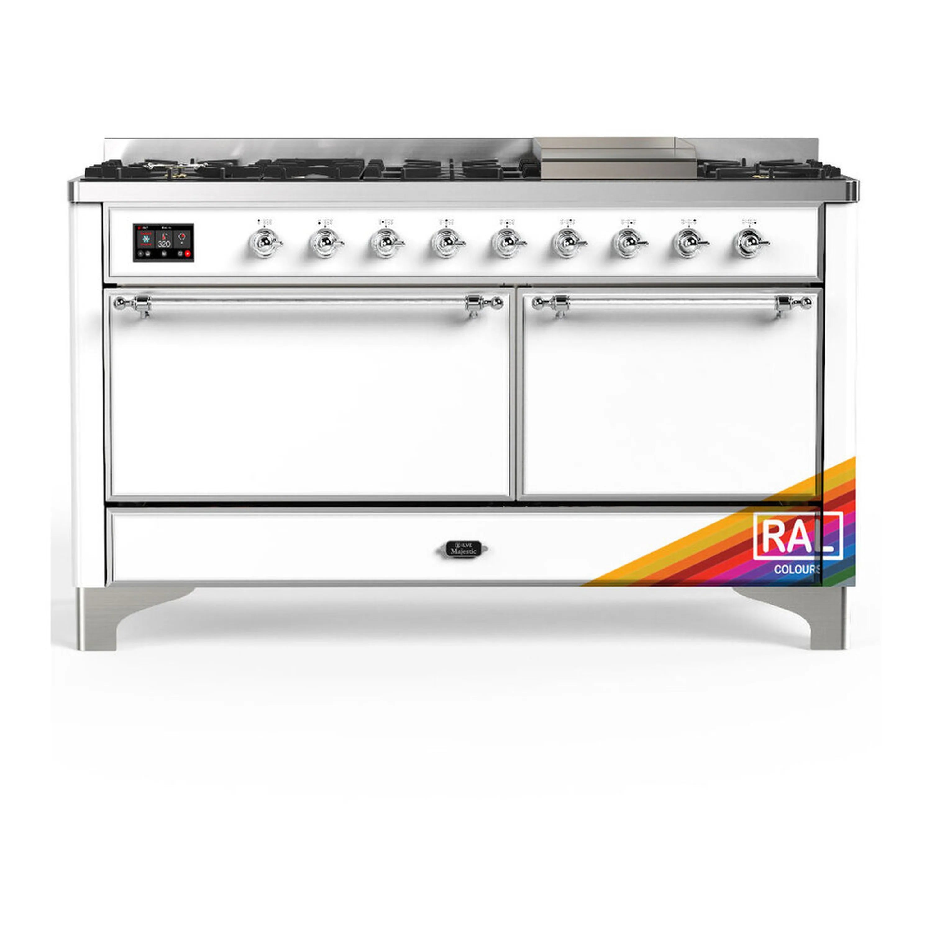 Dual fuel range with chrome trim, control knobs, and two front oven doors