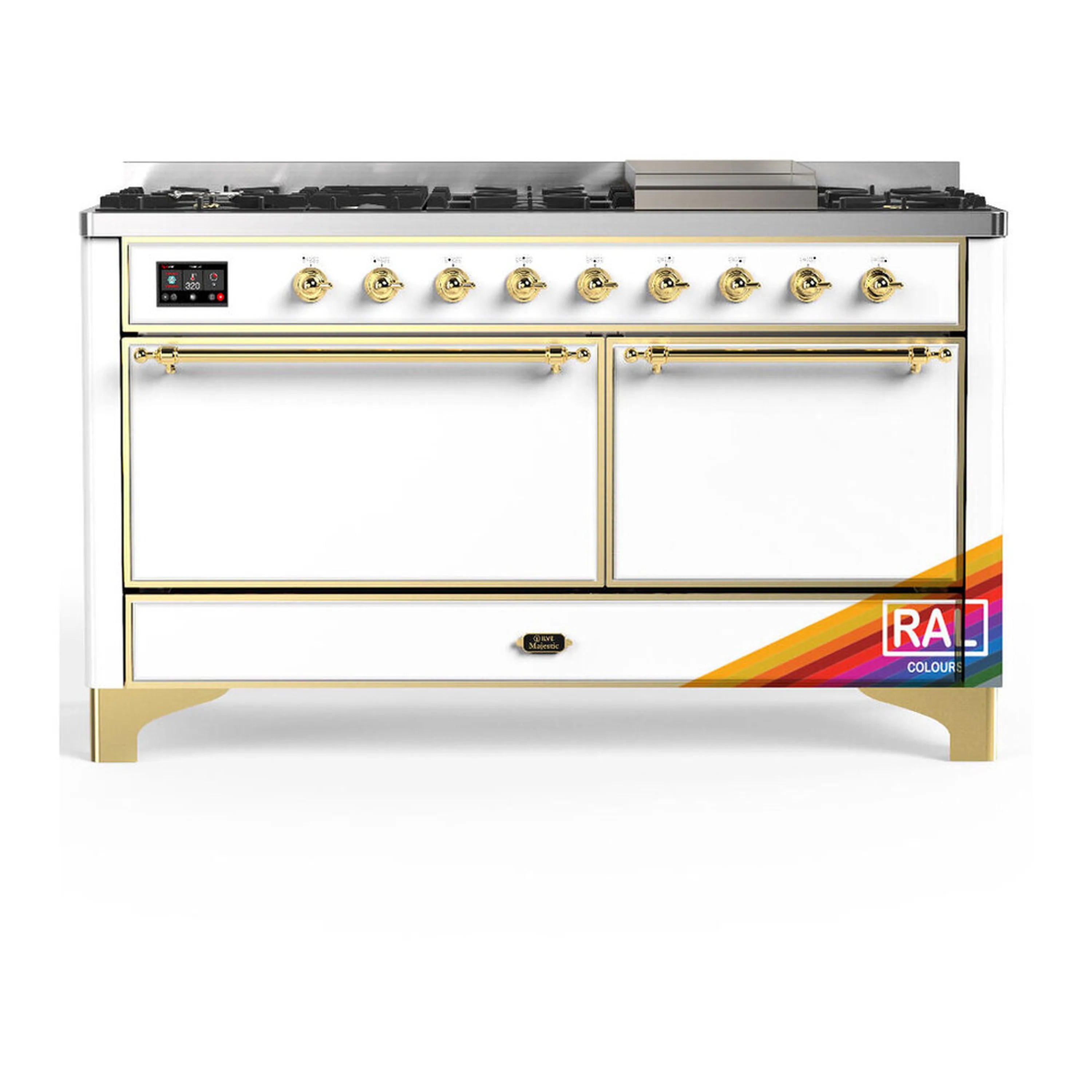 Dual fuel range with white body, brass trim, multiple burner knobs, and two oven doors