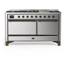 ILVE Majestic III 60-inch Dual Fuel Range with 5 Liquid Propane Burner, Griddle and Solid Door Electric Oven in Stainless Steel with Burnished Trim (UM60FQNR3SSBLP)