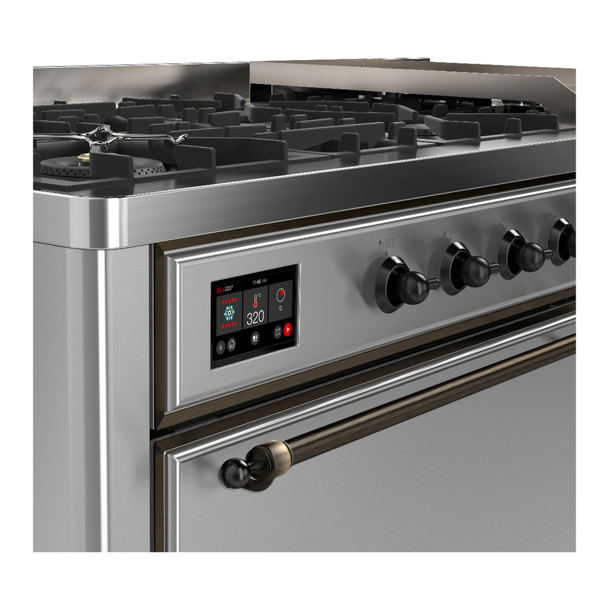 Stainless steel dual fuel range control panel with digital display and black knobs