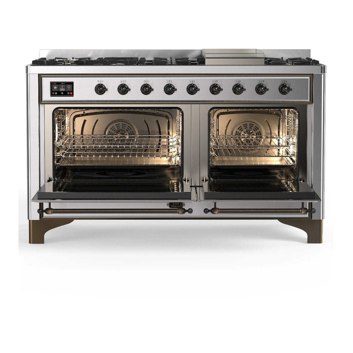 Stainless steel dual fuel range with one oven door open showing wire racks and fan