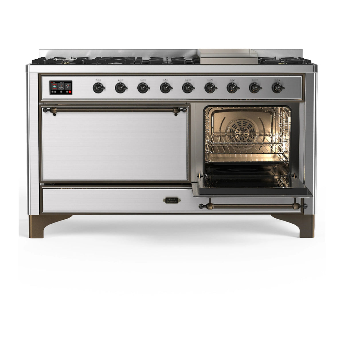 Stainless steel dual fuel range with right oven door open and interior oven fan