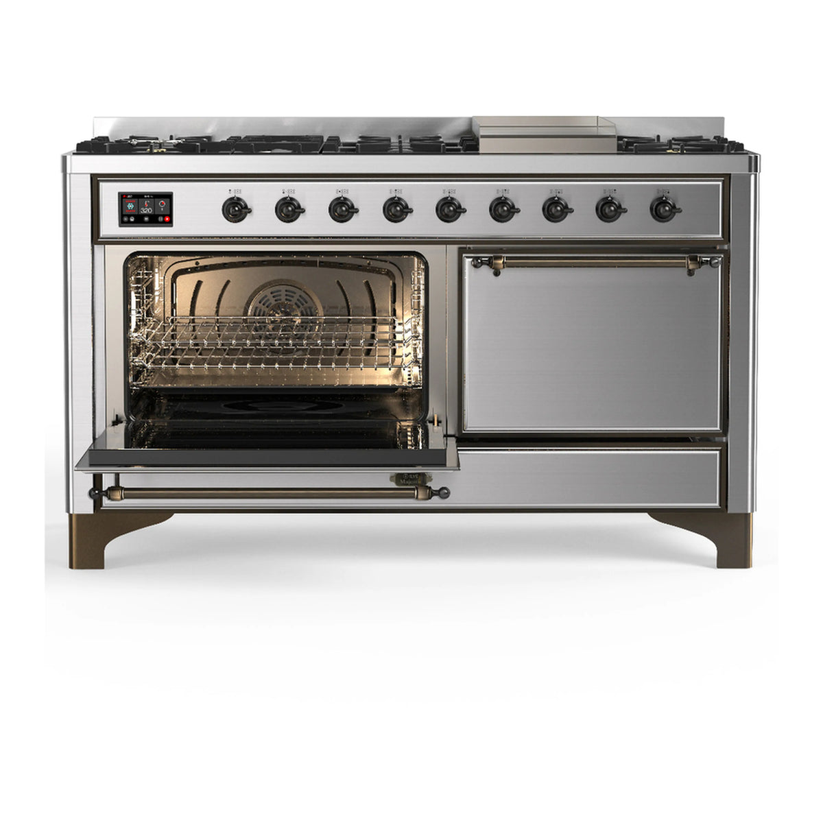Stainless steel dual fuel range with left oven door open showing racks and fan