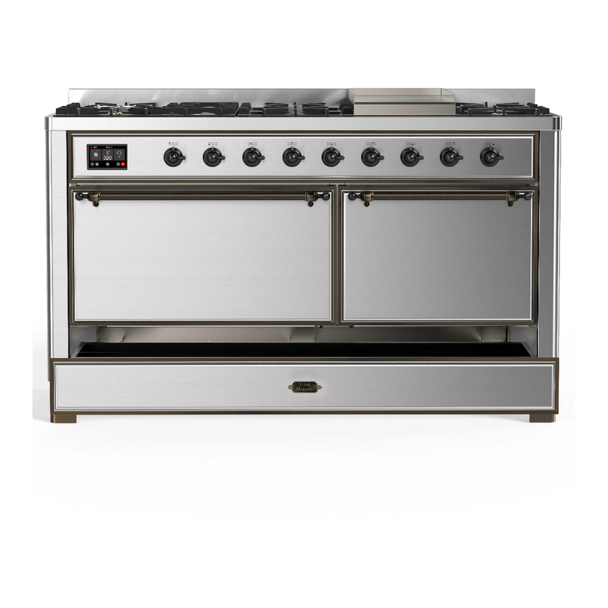 Stainless steel dual fuel range front view with two doors, knobs, and storage drawer