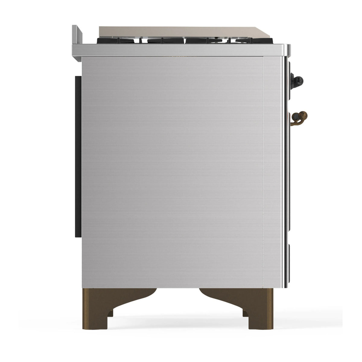Stainless steel dual fuel range side view with brass-tone handle and control trim