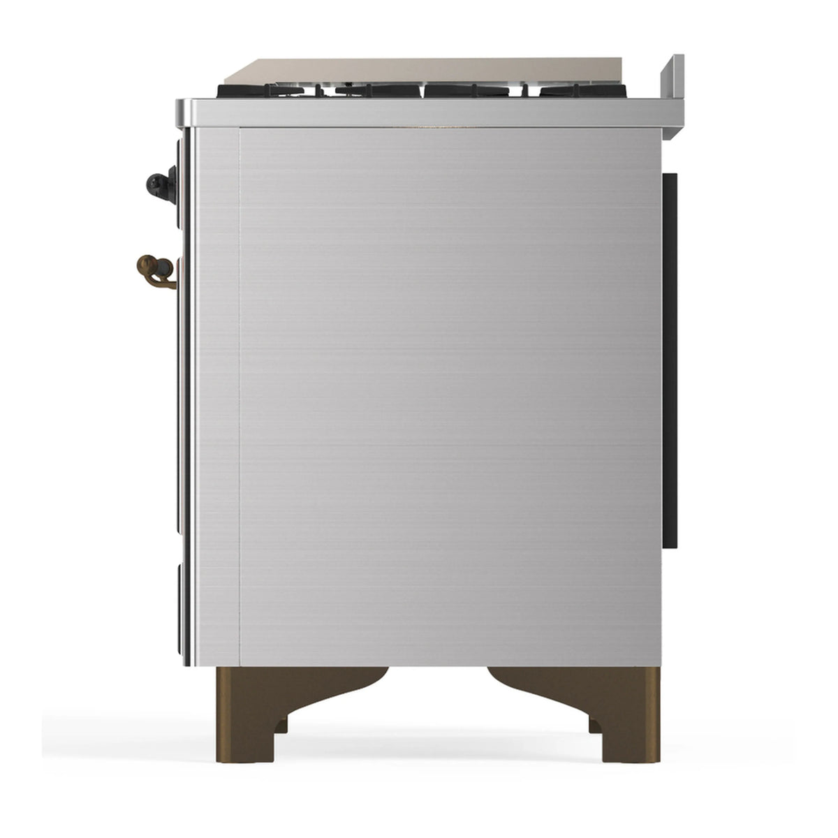 Stainless steel dual fuel range rear side view with side trim and handle