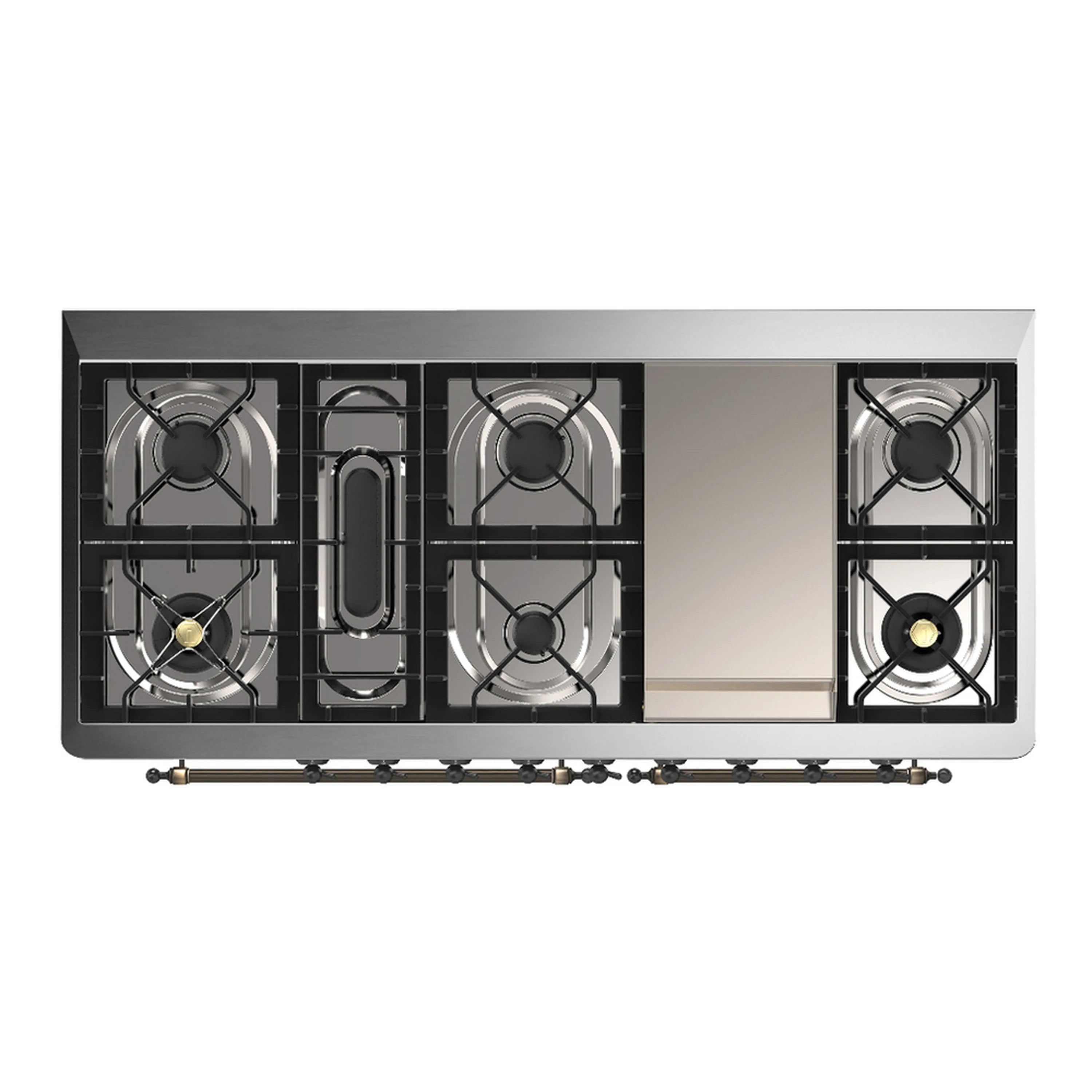 Dual fuel range cooktop with multiple gas burners and black burner caps