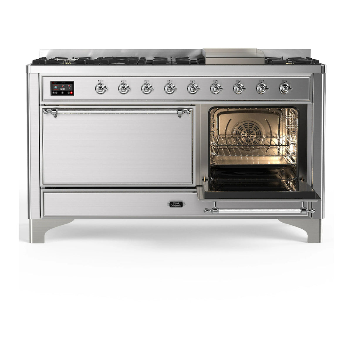 Stainless steel dual-fuel range with right oven door open and interior rack