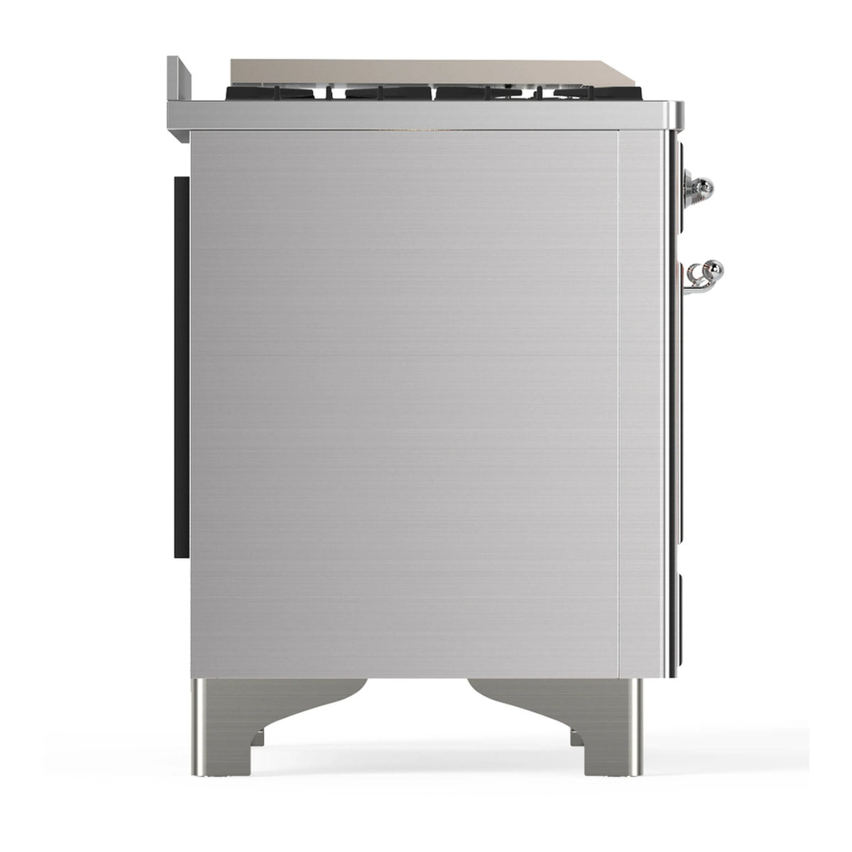 Stainless steel range side view with cooktop edge and side handles