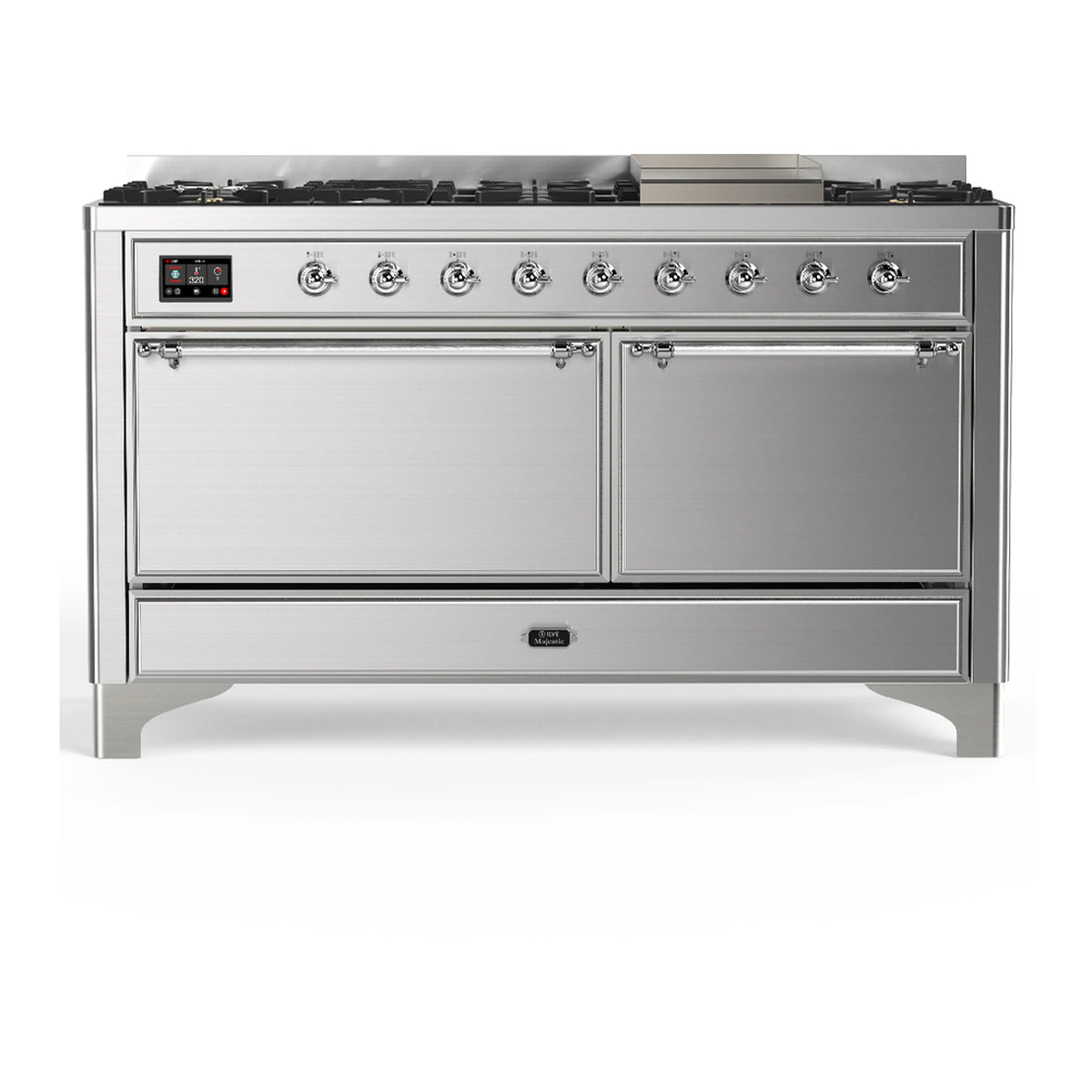 Stainless steel dual fuel range front view with two doors and control knobs
