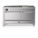 ILVE Majestic III 60-inch Dual Fuel Range with 7 Natural Gas Burner, Griddle and Solid Door Electric Oven in Stainless Steel with Chrome Trim (UM60FQNR3SSC)