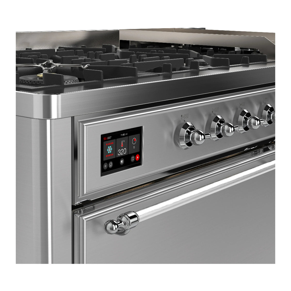 Dual fuel range control panel with digital display and chrome knobs