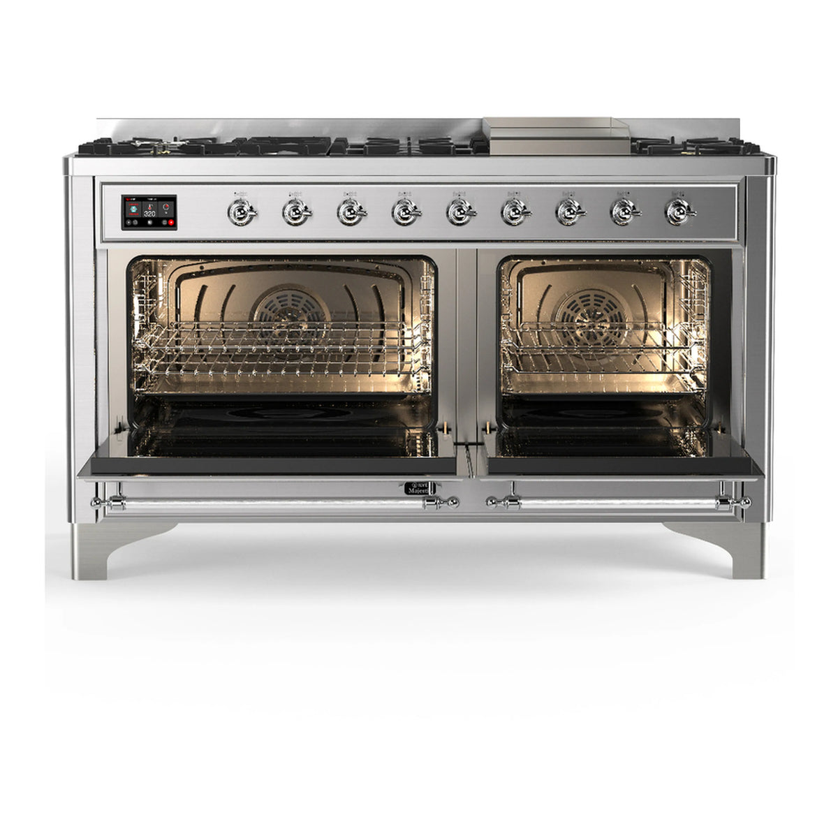 Dual fuel range with both oven doors open showing interior racks