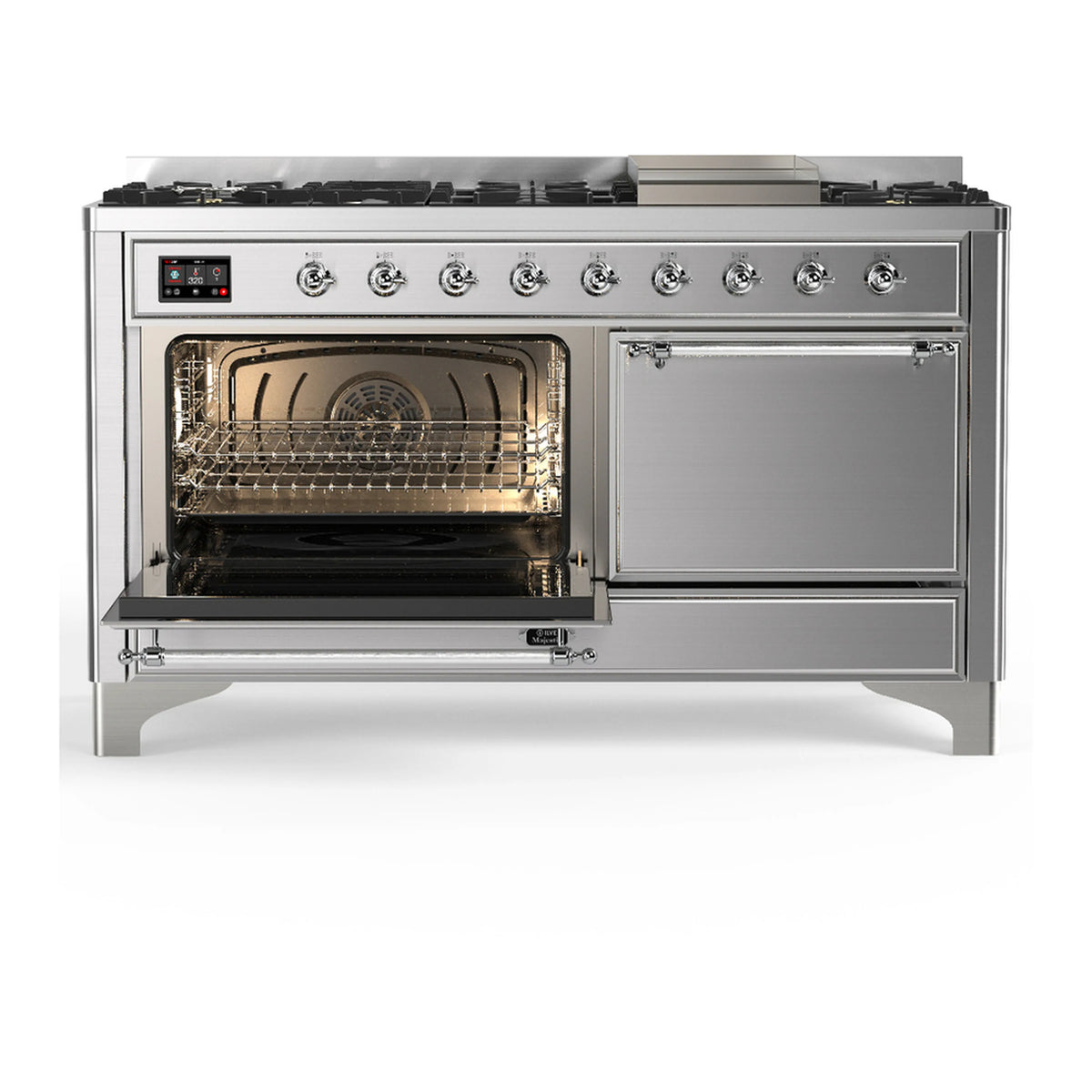 Dual fuel range with left oven door open and griddle/cooktop burner area visible