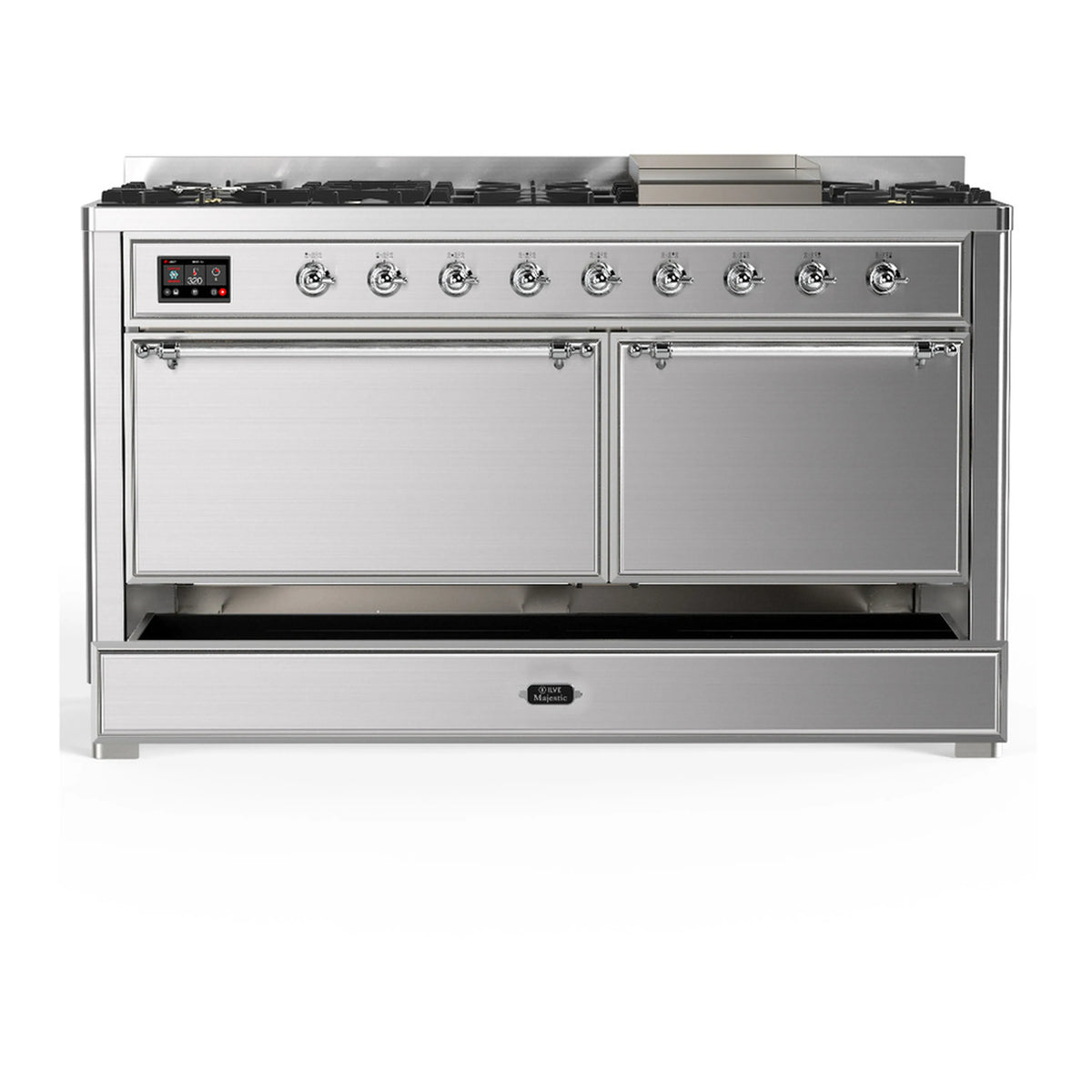 Stainless steel dual fuel range with two closed oven doors and control knobs