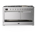 ILVE Majestic III 60-inch Dual Fuel Range with 7 Natural Gas Burner, Griddle and Solid Door Electric Oven in Stainless Steel with Chrome Trim (UM60FQNR3SSC)