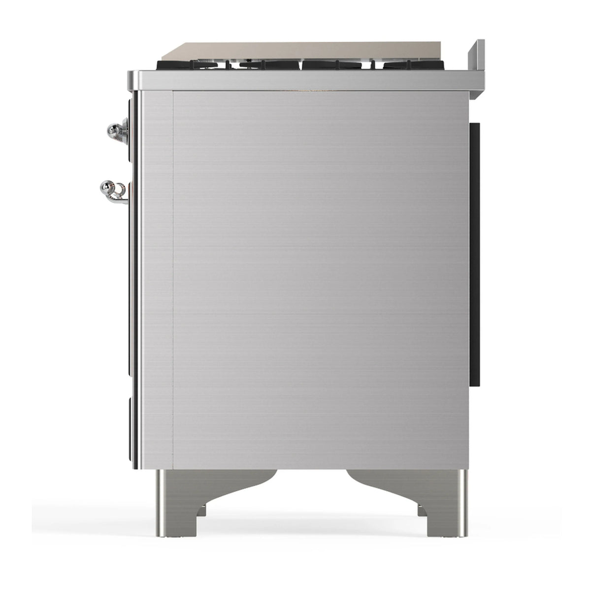 Stainless steel dual fuel range with chrome-trim doors and front side handles
