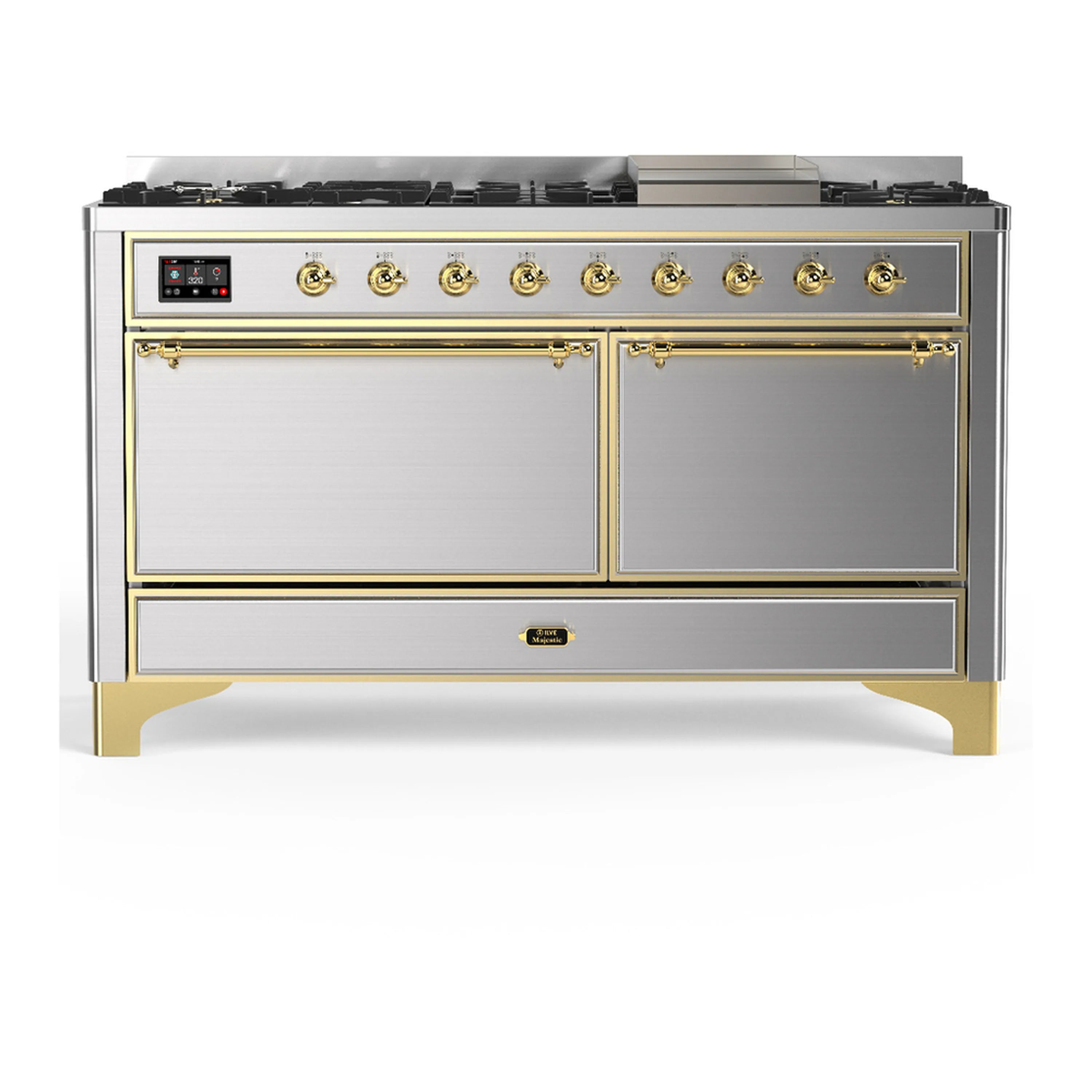 Stainless steel dual fuel range with brass-trimmed control panel and two oven doors