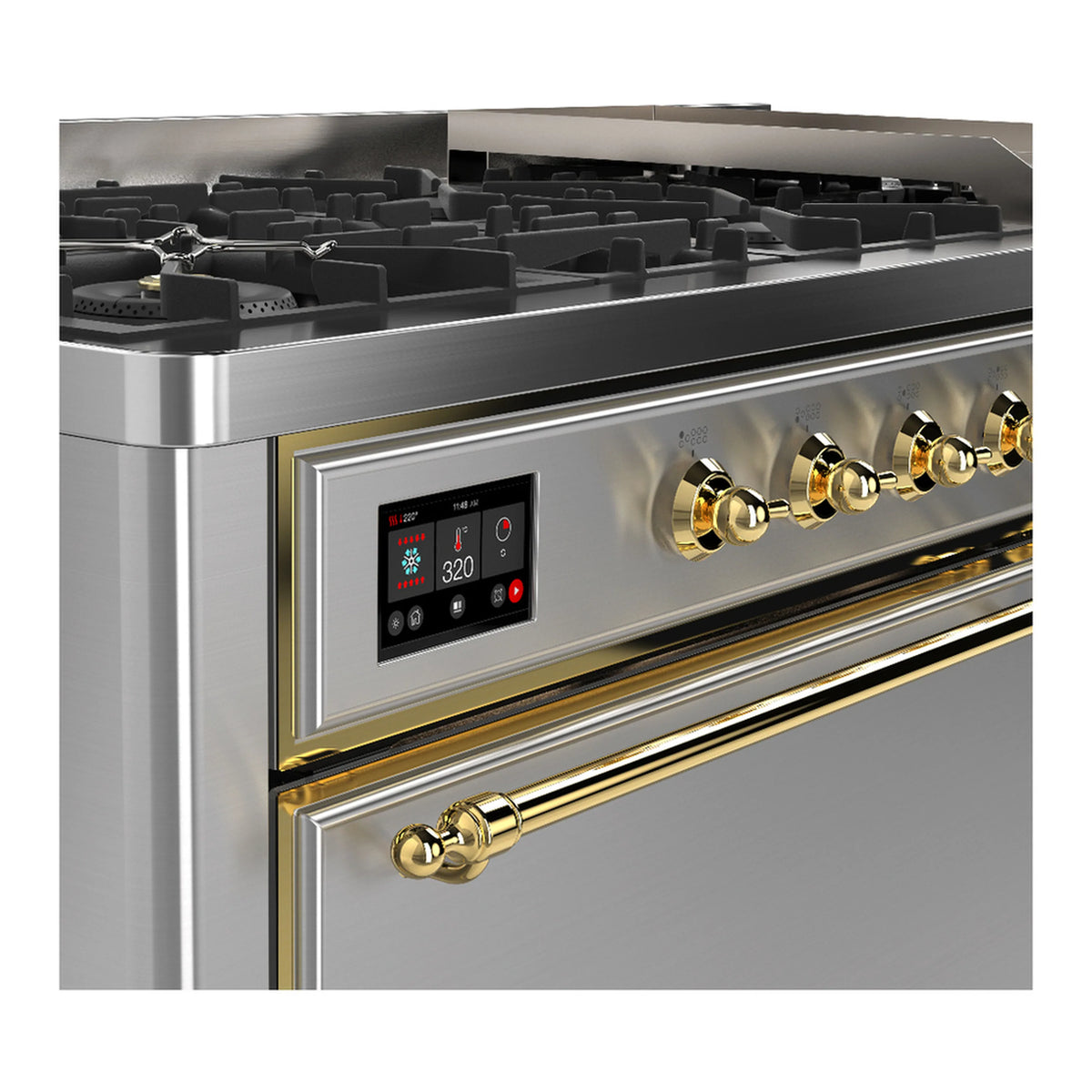 Stainless steel control panel with brass knobs and digital display on dual fuel range