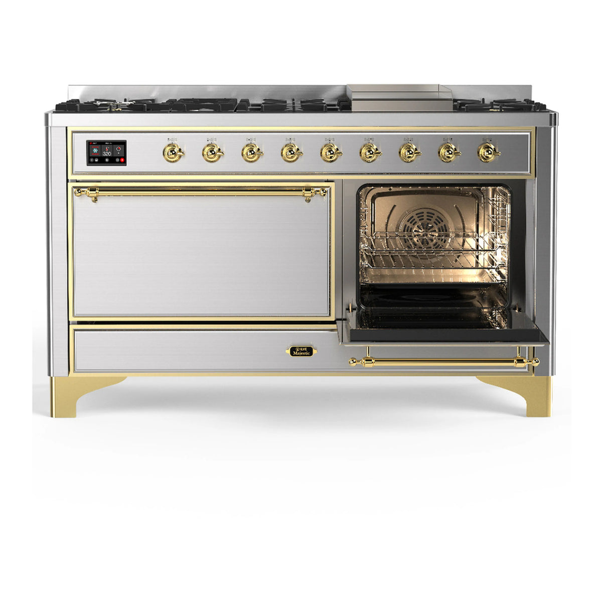 Stainless steel dual fuel range with one oven door open, wire rack visible; brass trim