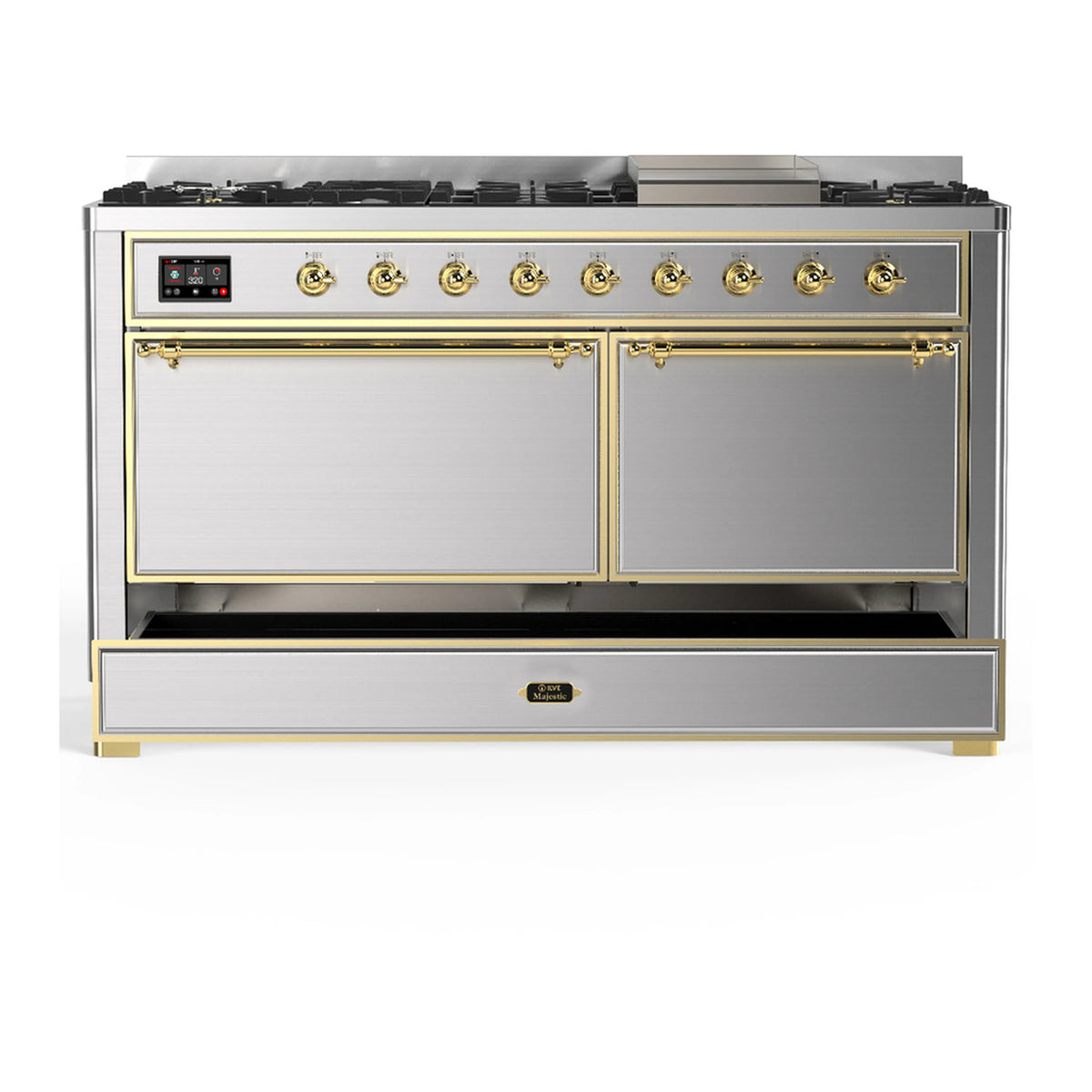 Stainless steel dual fuel range with closed double oven doors and brass-trimmed handles