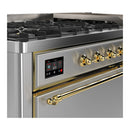 ILVE Majestic III 60-inch Dual Fuel Range with 7 Natural Gas Burner, Griddle and Solid Door Electric Oven in Stainless Steel with Brass Trim (UM60FQNR3SSG)