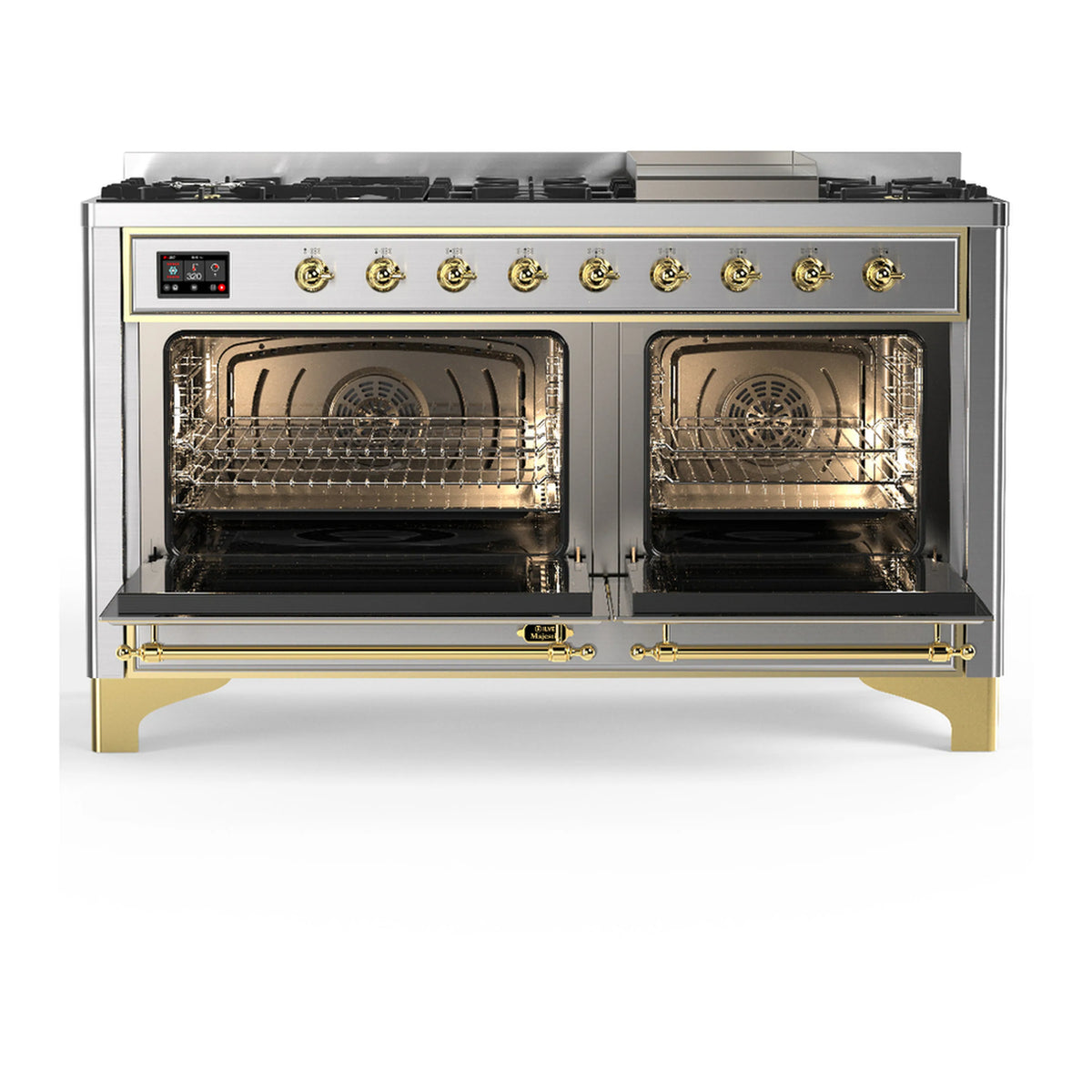 Dual fuel range with open electric oven doors showing racks and convection fan
