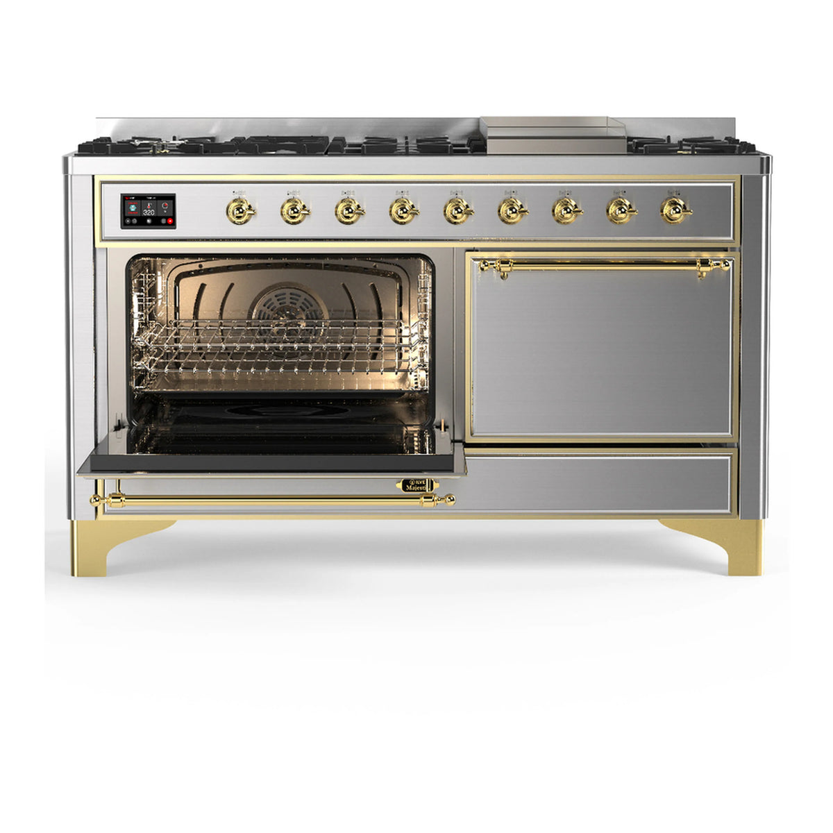 Dual fuel range with left oven door open and right solid door closed, brass trim