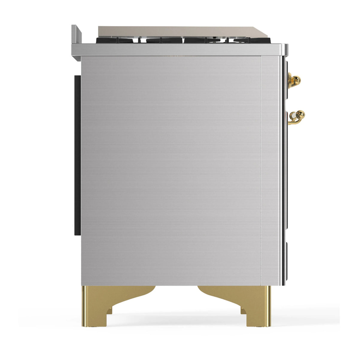 Dual fuel range side panel in stainless steel with brass trim accents and feet