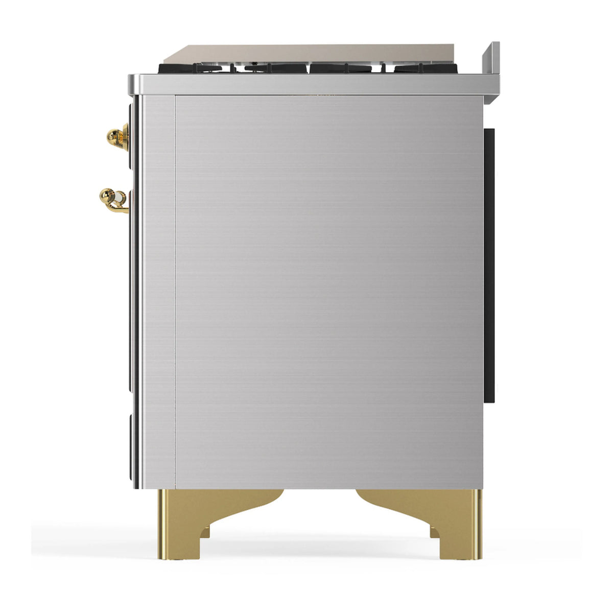 Dual fuel range back/side panel in stainless steel with brass trim and handle