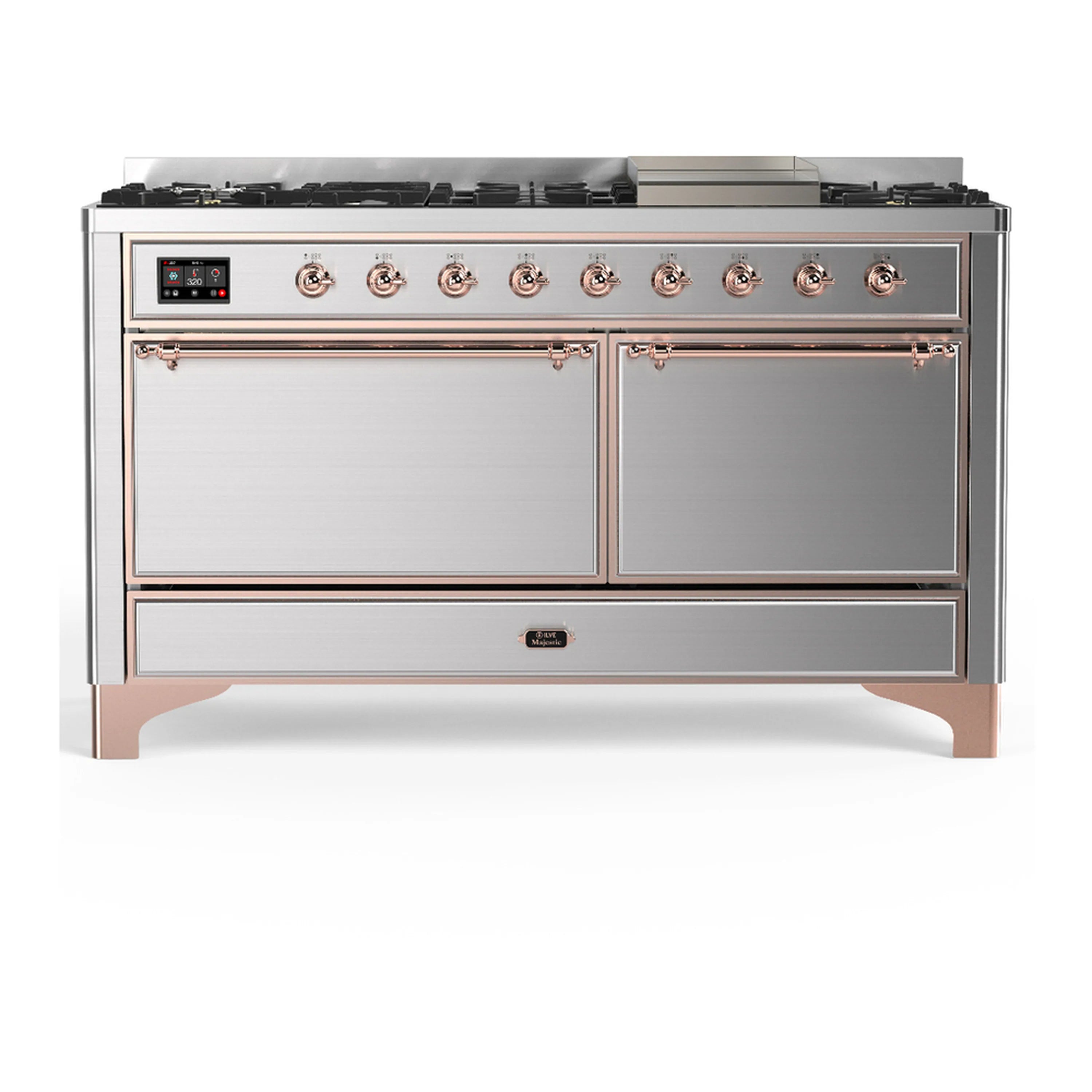 Stainless steel dual fuel range with copper trim, burners, griddle, and two oven doors