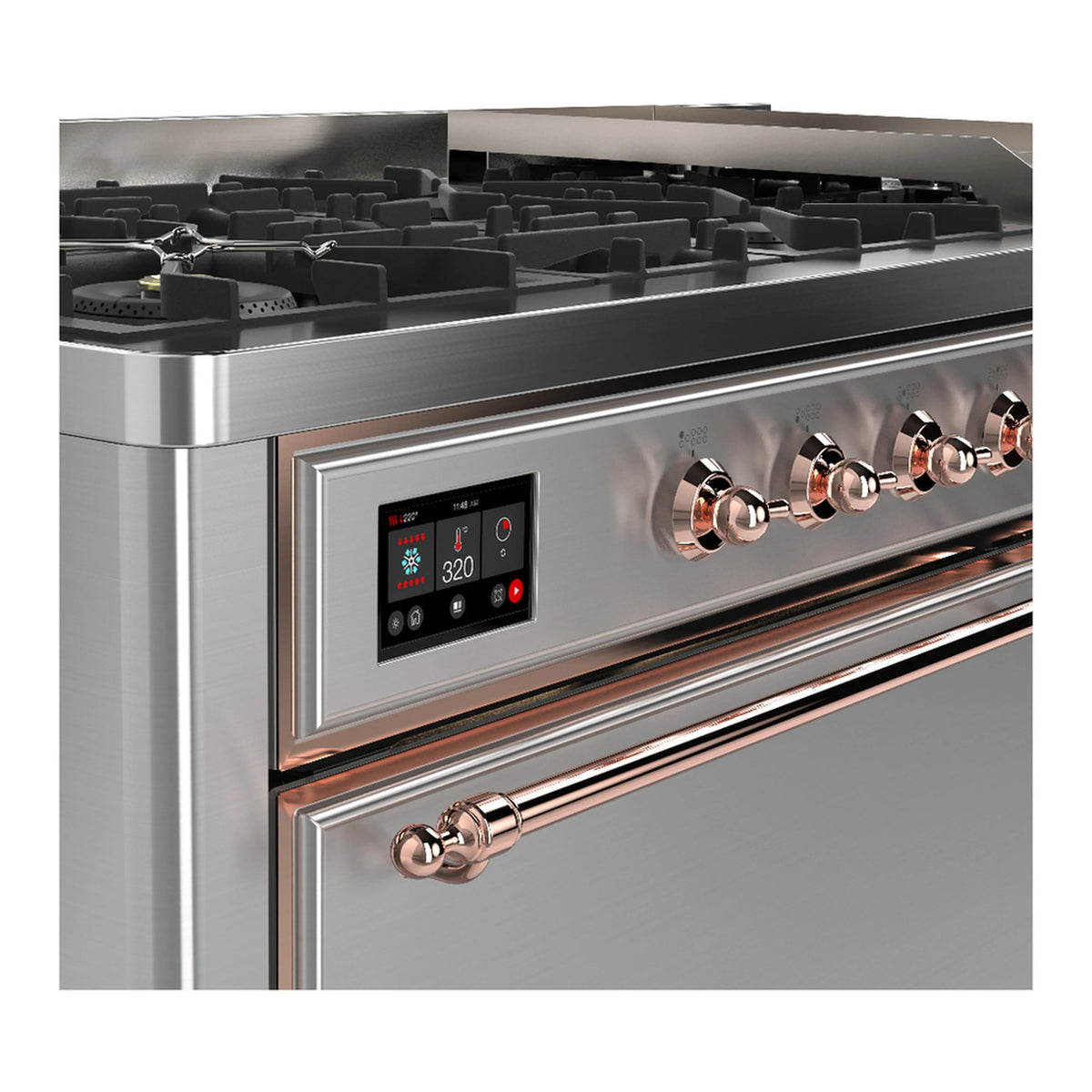 Dual fuel range control panel with stainless finish and copper-trimmed knob row