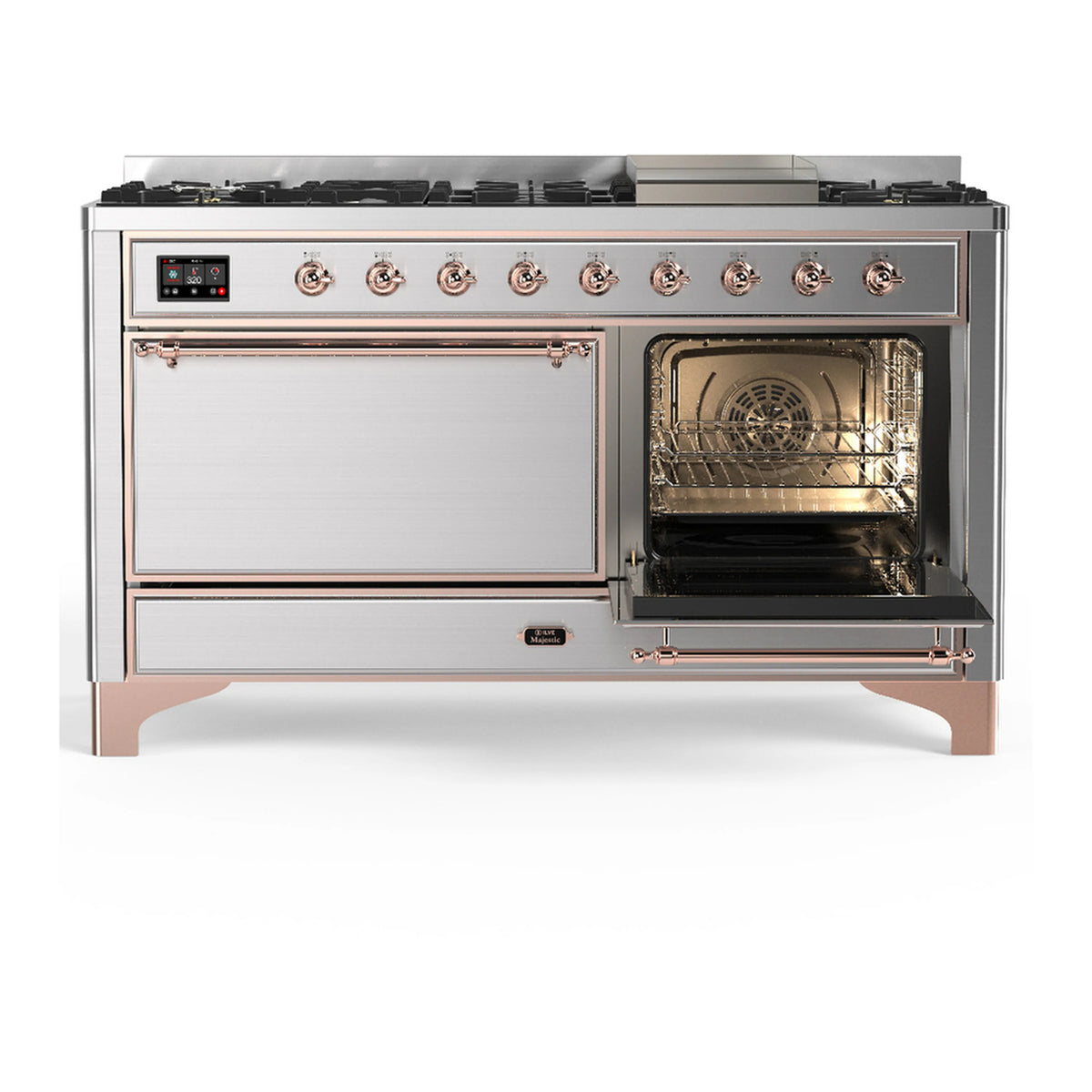Dual fuel range with left storage door closed and oven door open, copper trim accents