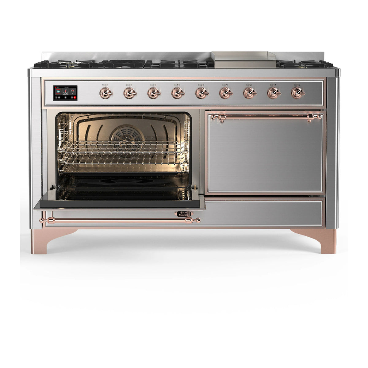 Dual fuel range with oven door open on left and storage door closed, stainless and copper