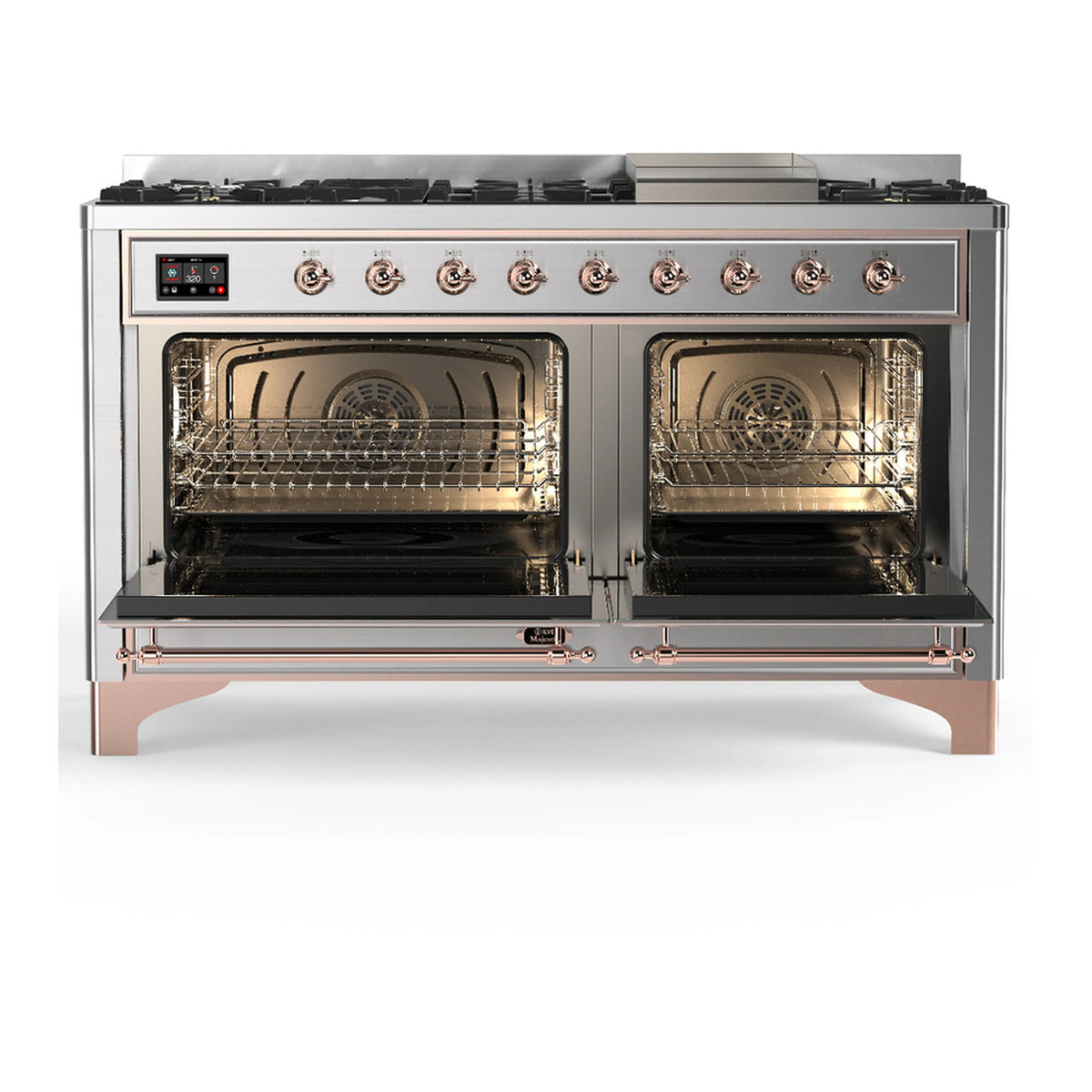 Stainless range with both oven doors open, showing racks and interior fan