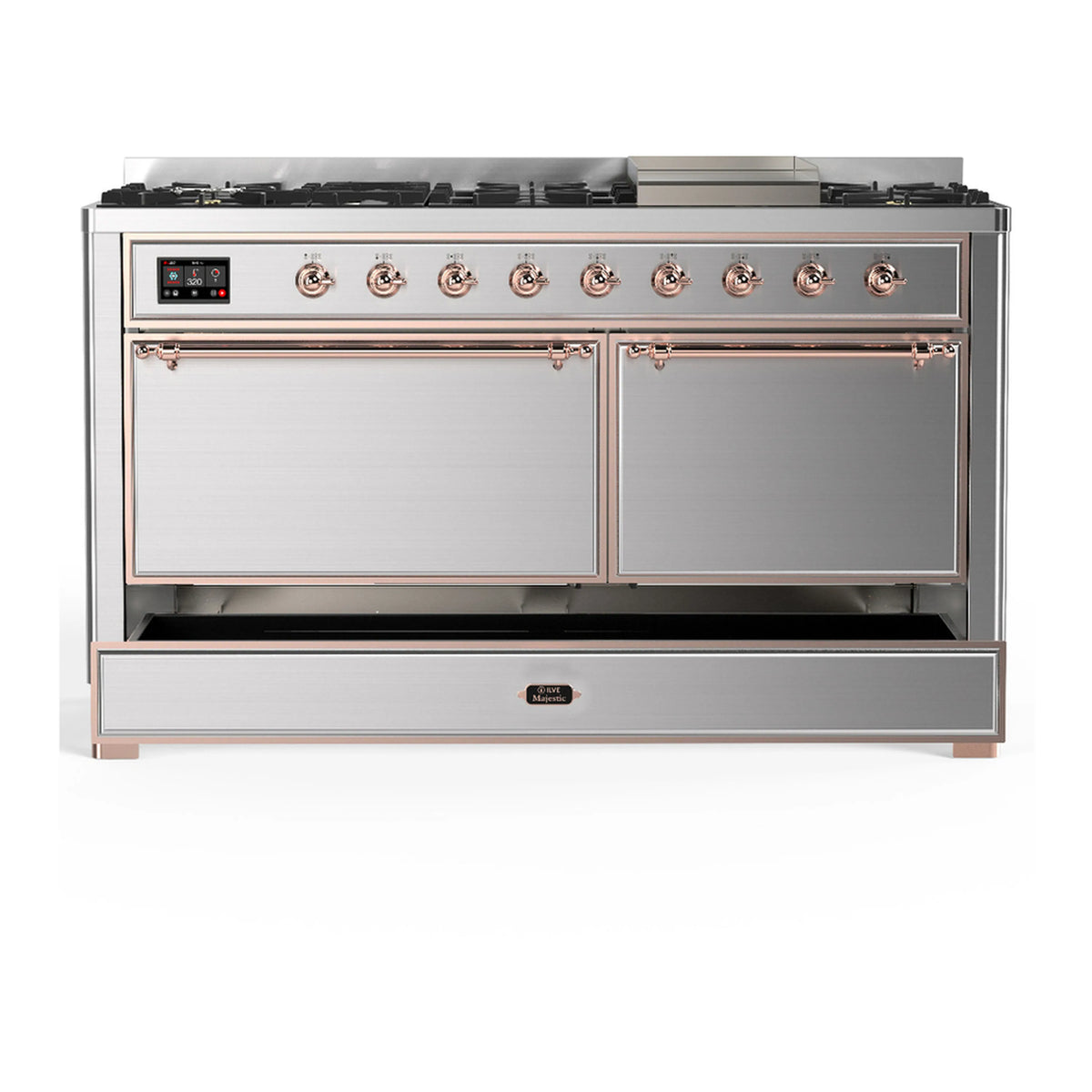 Stainless range with two solid doors and open storage drawer beneath