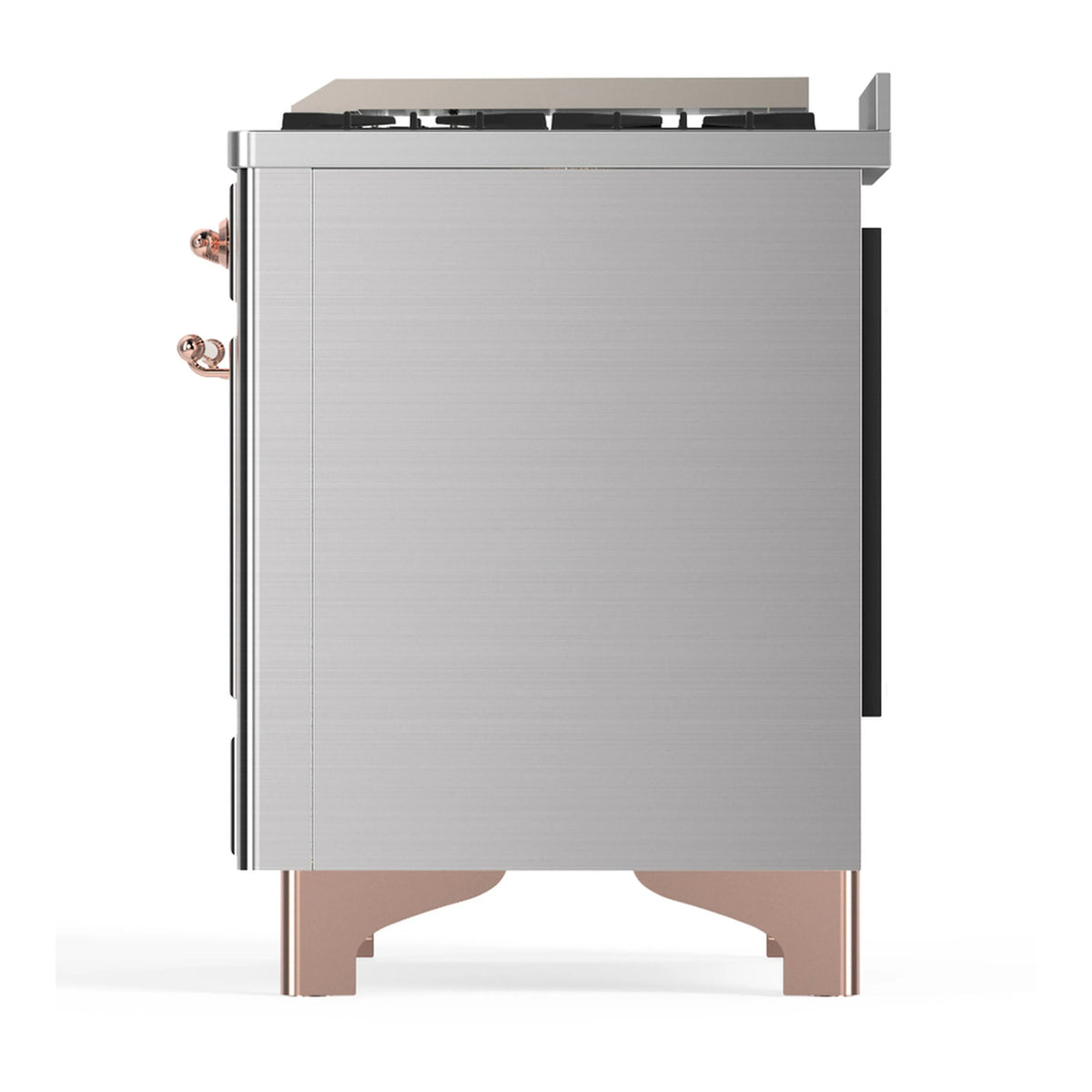 Stainless range back-right side panel with copper-trimmed feet and side handles