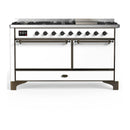 ILVE Majestic III 60-inch Dual Fuel Range with 5 Liquid Propane Burner, Griddle and Solid Door Electric Oven in White with Burnished Trim (UM60FQNR3WHBLP)