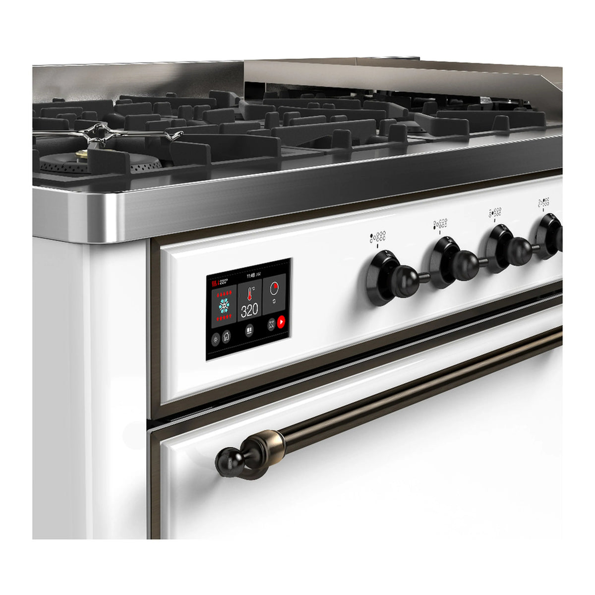 White dual fuel range control panel with digital display and multiple brass-finish knobs