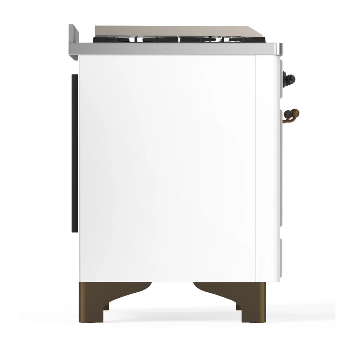 White dual fuel range side panel with brass-finish trim and raised back control area