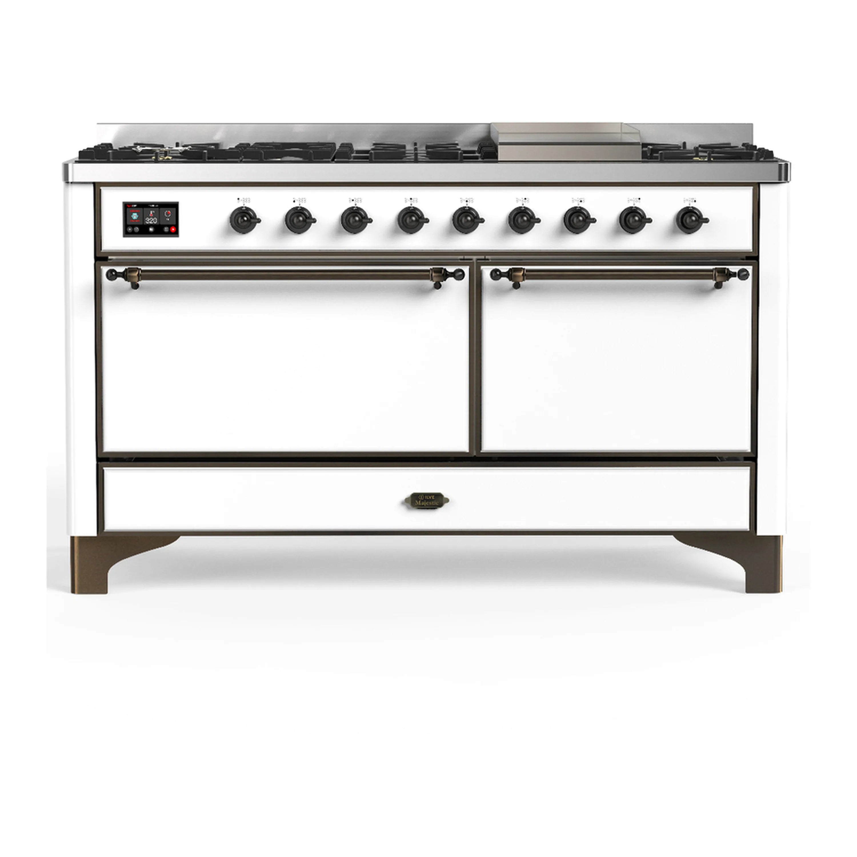 White dual fuel range with 7 gas burners, griddle, and electric oven doors, burnished trim