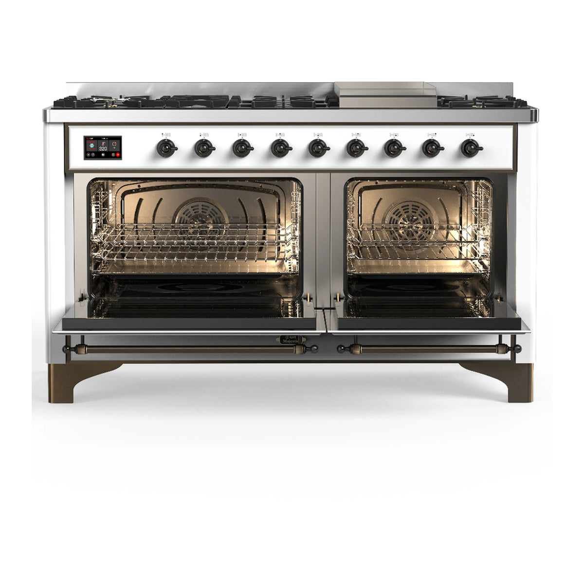 Dual fuel range with two open oven doors showing racks and lit oven interiors