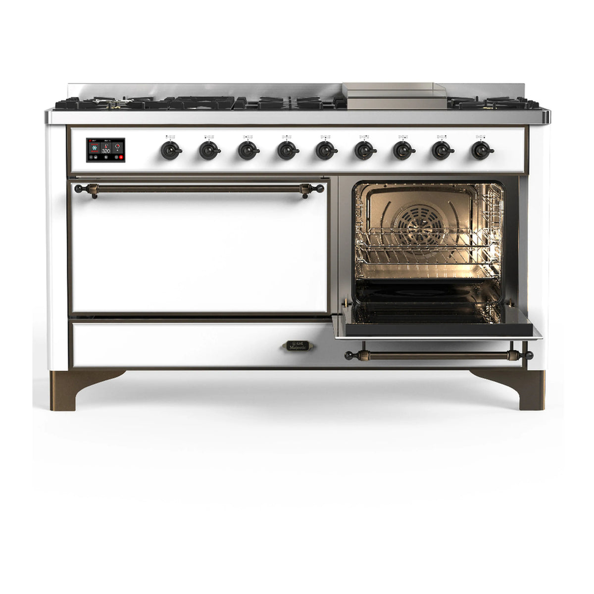 Dual fuel range with left oven door closed and right oven door open with lit interior