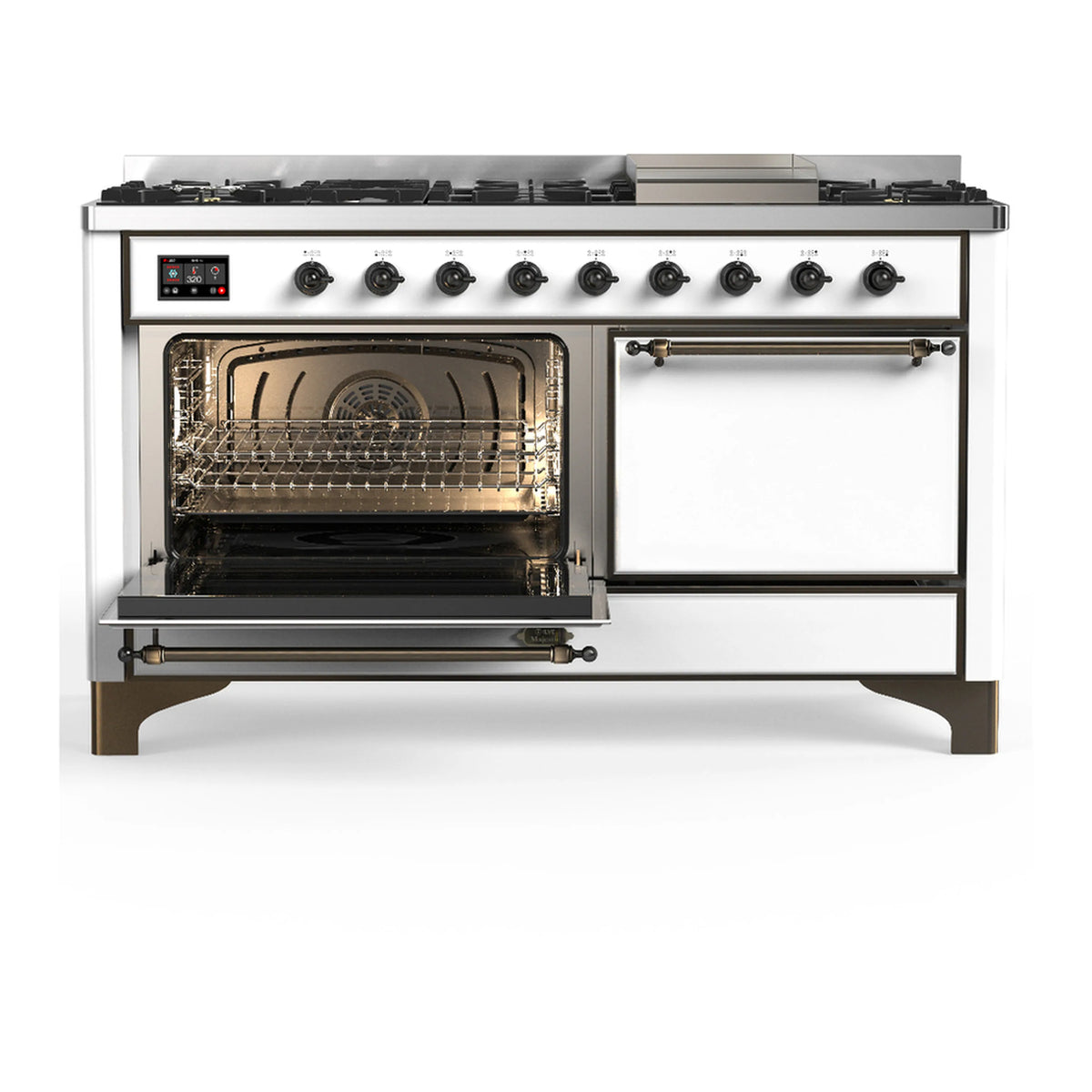 Dual fuel range with left oven door open showing racks and lit interior, right door closed
