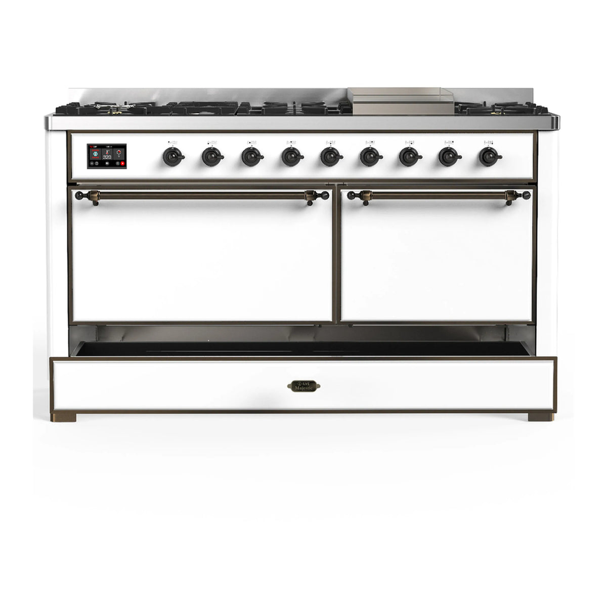 White dual fuel range with closed oven doors and lower storage drawer, burnished trim