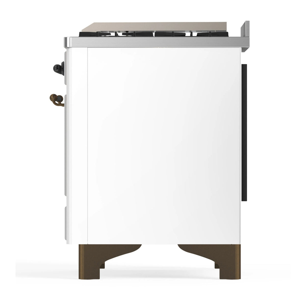 White dual fuel range side view with handle and burnished trim feet