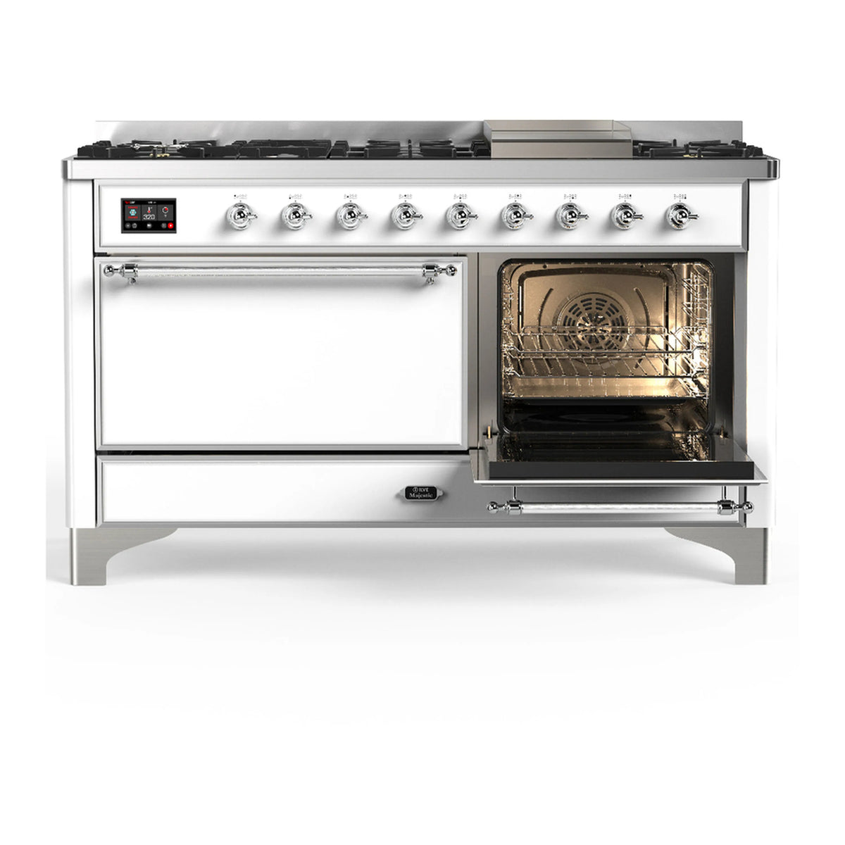 White dual fuel range with one oven door open, rack inside